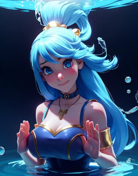 young lady, pretty face, detailed face, blue hair, cyan hair, water hair, long hair, choker, gold jewelry, dark blue dress, bare shoulders, mini skirt, huge breasts:1.4, gestuing hands, water ball, water magic,  <lora:aqua_konosuba-000035:1>, cowboy shot,