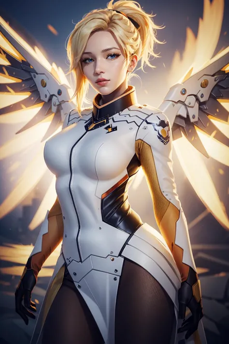 (masterpiece, best quality),  intricate details,
1girl,    <lora:mercy:0.8> 1girl, solo, mercy (overwatch), mechanical halo, breasts, blue eyes, blonde hair, pantyhose, mechanical wings, wings, halo,  holding, bodysuit, cowboy shot,  yellow wings, brown pa...