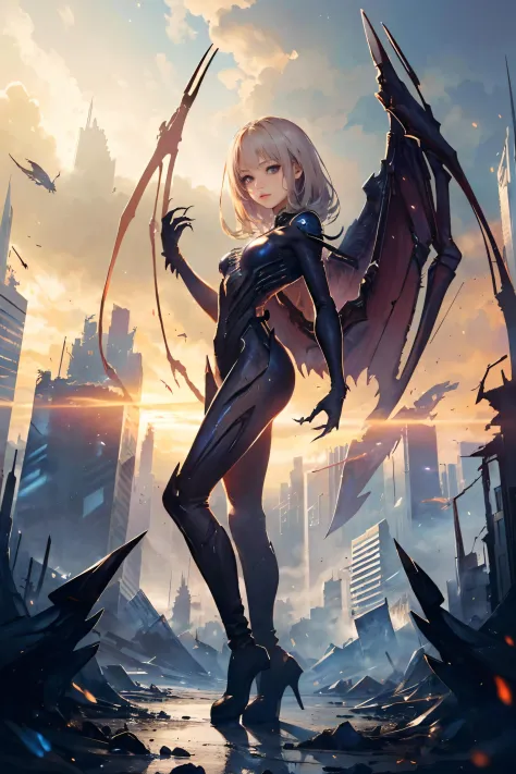 realistic, realistic details, detailed, (((1girl, slender, full body, skrg, alien, wings, claws, destroyed cityscapes, perspecti...