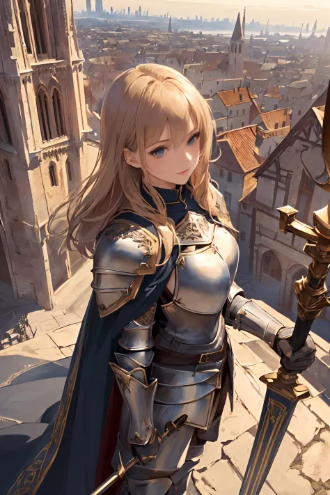 realistic, realistic details, detailed, (((1girl, slender, female knight, detailed armor, intricate details, cape, holding staff, aerial perspective, from above, standing on top of tower overlooking medieval city scape,  extremely detailed architecture, pe...