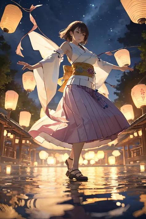 realistic, realistic details, detailed, (((1girl, slender, full body, yffx, hair ornament, miko outfit, sash, blue hakama skirt, dancing on a calm lake, performing ritual dance, large quatity of lanterns on water, self-illuminated souls surrounding miko, enchanting and sombre mood, magical environment, wide angle view, rule of third, perspective, sharp focus, depth of field, detailed background))) <lora:CG_Yuna_FFX:0.6>