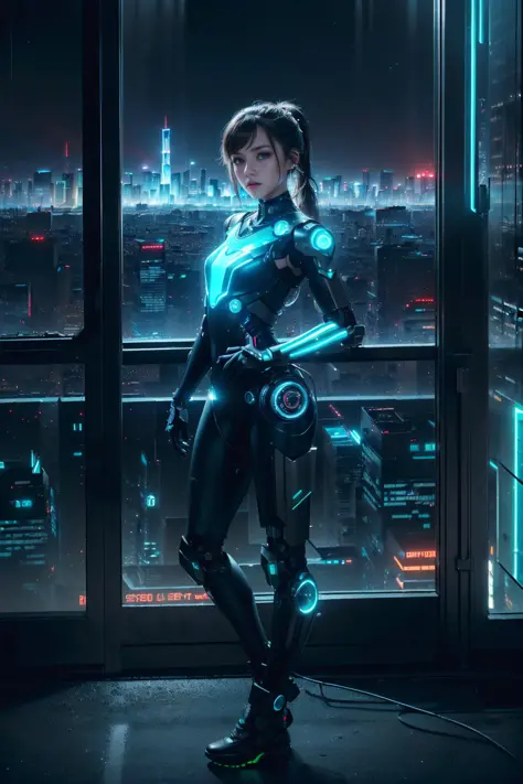 masterpiece, realistic, realistic details, detailed, (((1 girl, solo, slender, ponytail, full body, cyborg, bodysuit, futuristic, cyberpunk, neon light, intricate detail, two-point perspective, detailed environment, a view cityscape from apartment, sharp f...