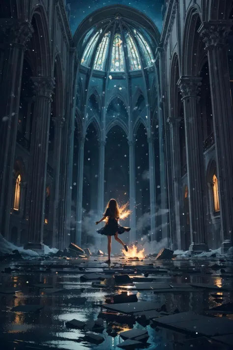 realistic, realistic details, detailed, bold outline
BREAK
1girl, solo, floating mid-air, glowing eyes, extremely beautiful and mystical, playing a grand piano in the middle of ruins of a grand cathedral, desolate and abadoned, intricate architecture, grandeur, baroque architecture
BREAK
cathedral is ruined, roof is destroyed, with debris flying around, electricity particle effect, dust and debris, building is distorted, shattering, flooded, volumetric fog, half of building to the left of viewer is frozen and snowing, half of building to the right of viewer is on fire.
BREAK
space and time distortion, aquatic spherical body around girl, emotional and celestial vibe, night with galaxies, meteor shower in a single direction, architecture from different era mixed together
BREAK
particle effects surrounding girl, debris, dust, light sparkle, flame, raining, aquatic bodies in intricate patterns, ephemeral vibe
BREAK
wide perspective, two point perspective, contrasting proportion, rule of third, aerial view, striking visual, contrasting hue, depth and dimension, light and shadow, detailed background.