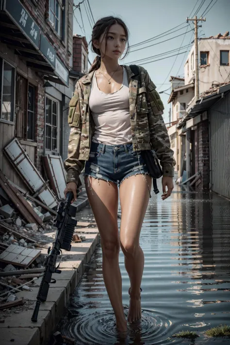 realistic, realistic details, detailed,
break
1girl, petite, extremely beautiful, tanned skin, detailed skin complexion, small breast, dirty body, sweating, torn clothes, walking, tank top, soldier camouflage jacket, brown shorts, barefoot, sexy, nsfw, par...