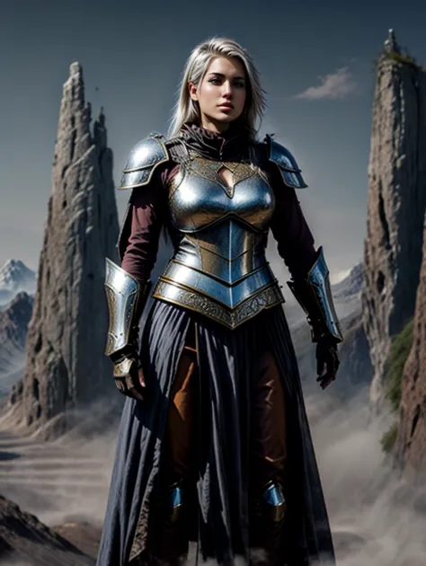 a woman in armor standing in front of a mountain