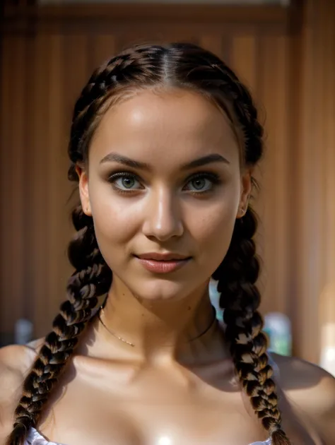 a girl , symmetrical beautiful human face, big collar, braids, unusually unique beauty, slender symmetrical face, innocence, , v...