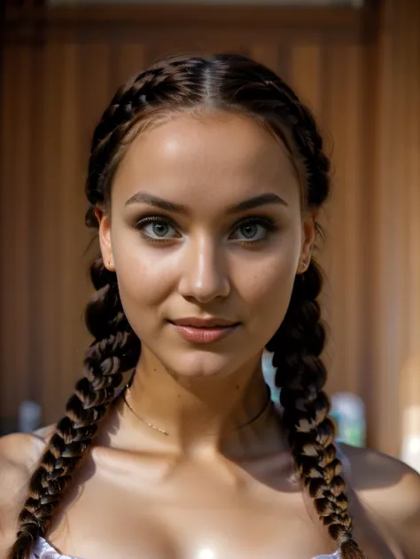 a close up of a woman with a braid in her hair