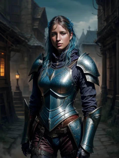 a close up of a woman in armor standing in a street