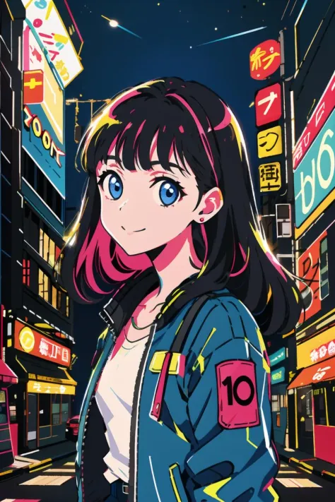 masterpiece, best quality, 1girl <lora:stylesqueeze_v1:1>, city pop, night, neon light, looking at another, upper body, vector illustration, jacket, light smile, blunt bangs, long hair, blue eyes