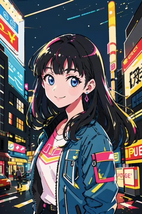 masterpiece, best quality, 1girl <lora:stylesqueeze_v2:1>, city pop, night, neon light, looking at another, upper body, vector illustration, jacket, light smile, blunt bangs, long hair, blue eyes