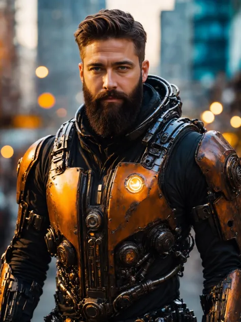 close up Portrait photo <lora:stylesqueeze_v2_xl:1> of muscular bearded guy, in a worn scuffed half life HEV suit, ((light bokeh)), intricate, (steel metal [rust]), elegant, sharp focus, soft lighting, vibrant colors, masterpiece, ((streets)), detailed fac...