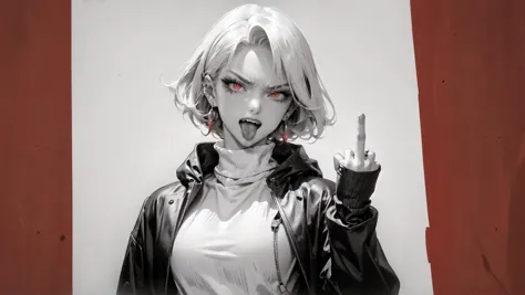 cowboy shot,(neon red), <lora:midfinger-left-v2-wasabiya:.8>, <lora:midfinger-right-v2-wasabiya:.8>, (middle finger), BREAK 1girl,open mouth, (tongue out), sharpteeth, (angry),red eyes, white short hair, (side cut), earrings, slim, BREAK (hood:1.2), turtleneck, simple crimson red background, (monochrome with red:1.3), (in style of caravaggio:.8), (masterpiece:1.2), (sharp:1.2), (qood quality:1.2), (RAW), (8K), (detailed), (photorealistic)