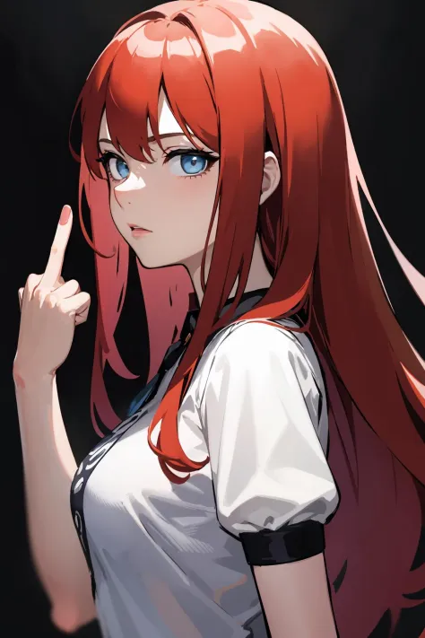 anime girl with red hair and blue eyes pointing at something