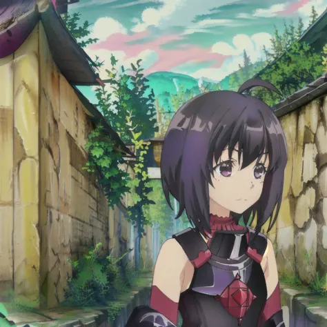 anime girl in black outfit standing in alley with stone wall