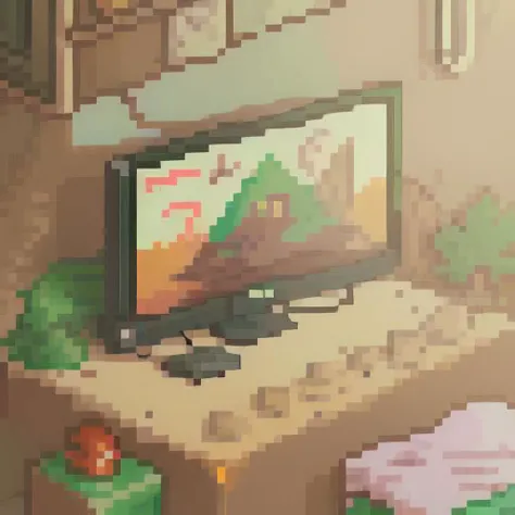 No people, a laptop, a desert behind the monitor, a forest in the monitor, Pixel art