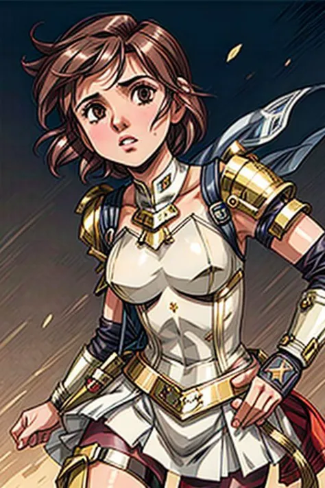 MelindadeCameron, 1girl, solo, boyish short hair, brown hair, brown eyes, armor, gauntlets, breastplate, greaves