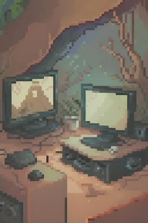 No people, a monitor, a desert behind the monitor, a forest in the monitor, Pixel art