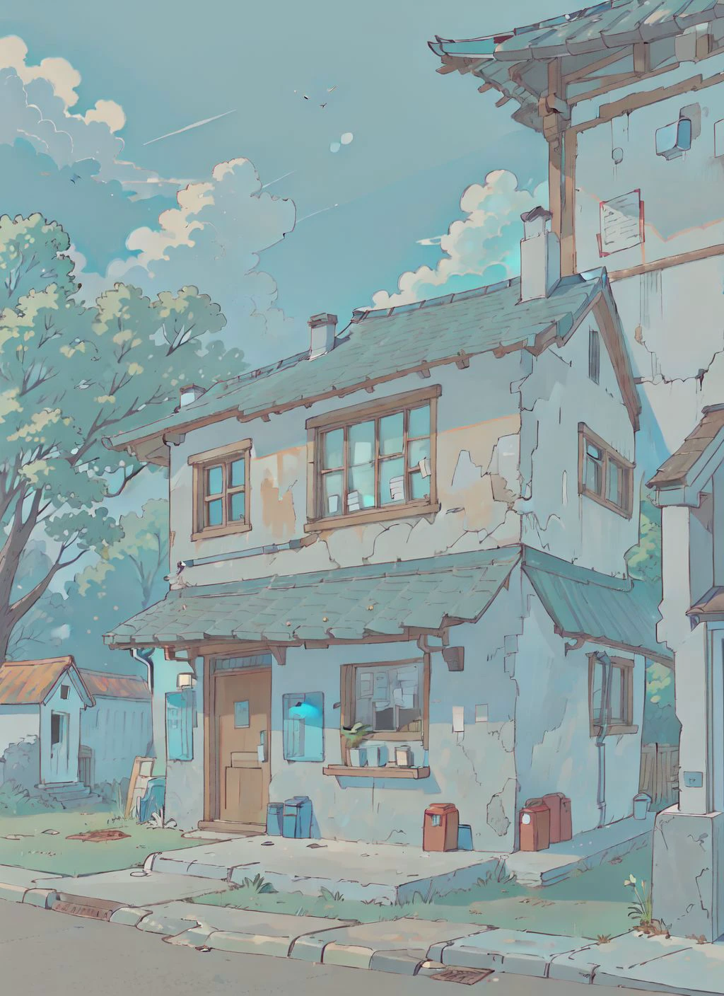 (melhor qualidade:0.8), (melhor qualidade:0.8), (((sem humanos))), ilustração de anime perfeita introspectiva quebrada, vista frontal, uma casa com uma pequena caixa de correio na frente 
