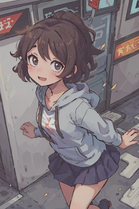 (best quality:0.8) perfect anime illustration, a pretty, happy woman with short curly brown hair on the street in the city, wearing a hoodie, skirt
