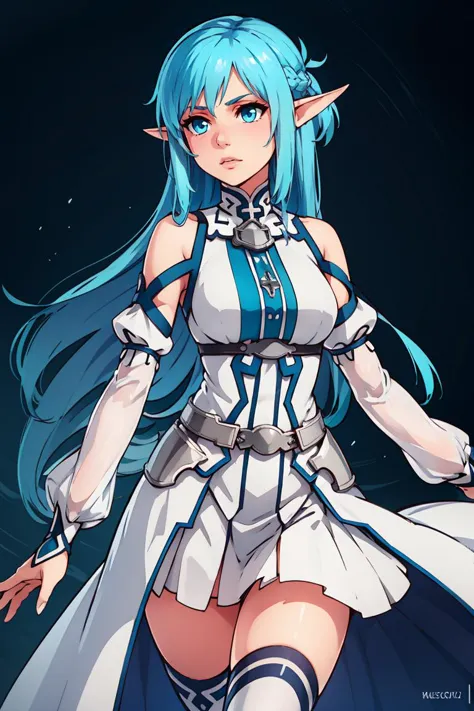 ((masterpiece,best quality)), bbasuna, long hair, blue hair, blue eyes, pointy ears, white dress, detached sleeves, blue thighhi...