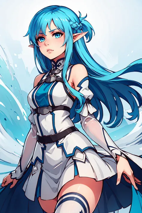 ((masterpiece,best quality)), bbasuna, long hair, blue hair, blue eyes, pointy ears, white dress, detached sleeves, blue thighhi...