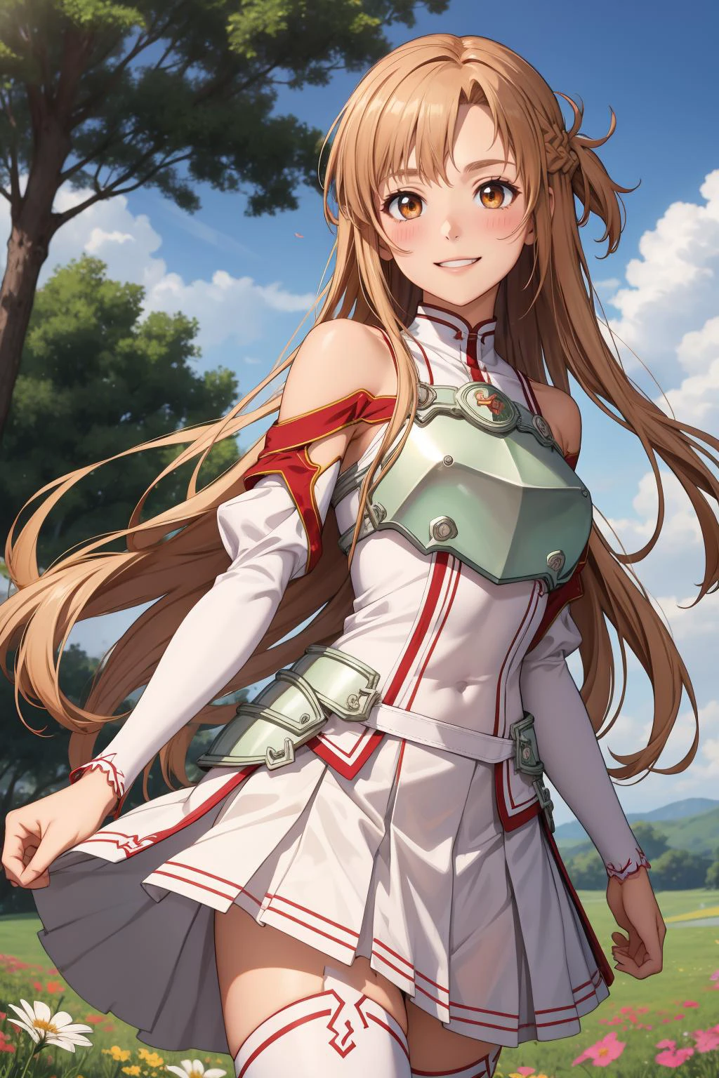 masterpiece, best quality, highres, absurdres, ultra detailed, pretty eyes, pretty_hands,
aaasuna, long hair, brown hair, braid, brown eyes, bare shoulders, armor, breastplate, white sleeves, detached sleeves, red skirt, pleated skirt, white thighhighs, smiling, happy, blushing, 
crossing_fields, castle, flowers, trees
 