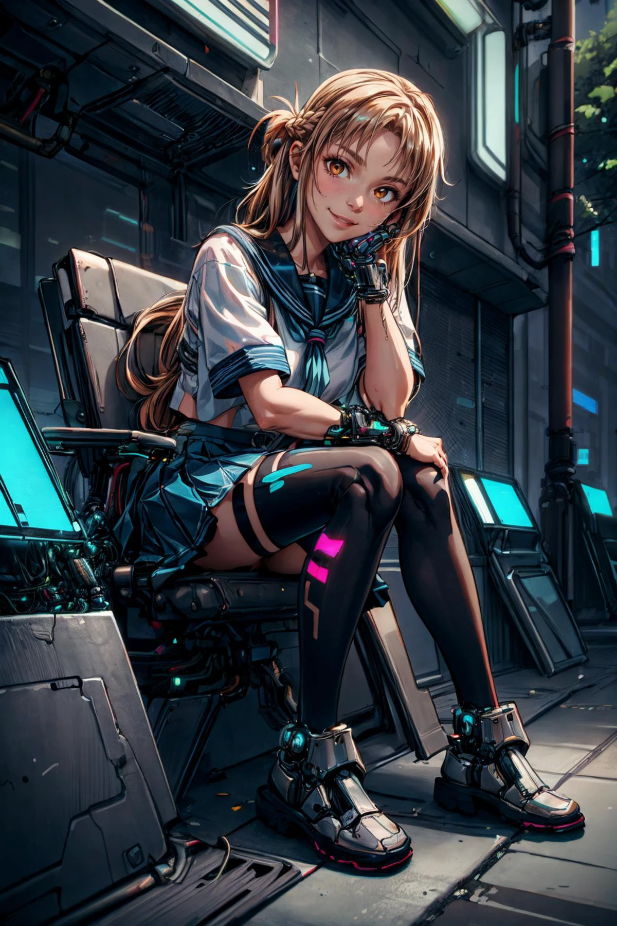 (looking at viewer:1.1),Smile,solo,
aaasuna,(brown eyes:1.1),bangs,brown hair,long hair,braid,(large breasts:1.1),
serafuku,blue sailor collar,white shirt,short sleeves,pleated skirt,blue skirt,black thighhighs,shoes,black footwear,sitting,head rest,hands on own face,hands on own cheeks,
(cybernetic armor:1.2),(mechanical parts:1.1),
outdoors,tree,CYBERPUNKAI,NEON,holographic interface,hologram,
