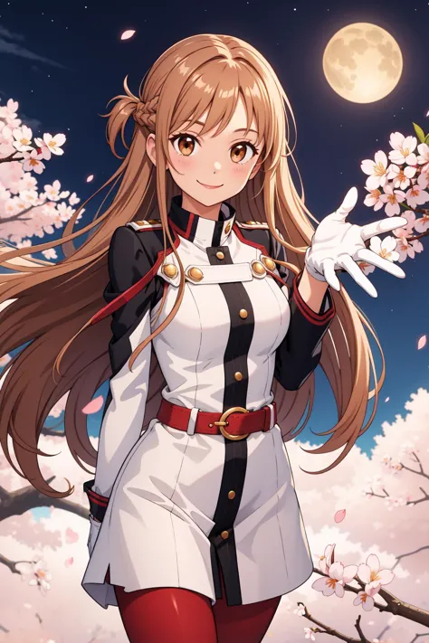 masterpiece, best quality, highres, ccasuna, long hair, brown hair, brown eyes, uniform, jacket, long sleeves, white gloves, belt, red pantyhose, cherry blossoms, night, reaching out, smile, petal, arms behind back