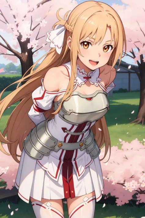 masterpiece, best quality, highres, looking at viewer, ddasuna, long hair, brown hair, hair ribbon, brown eyes, bare shoulders, white armor, armored dress, detached sleeves, white gloves, white thighhighs
smile, open mouth, standing, leaning forward, arms behind back, outdoors, cherry blossoms, 