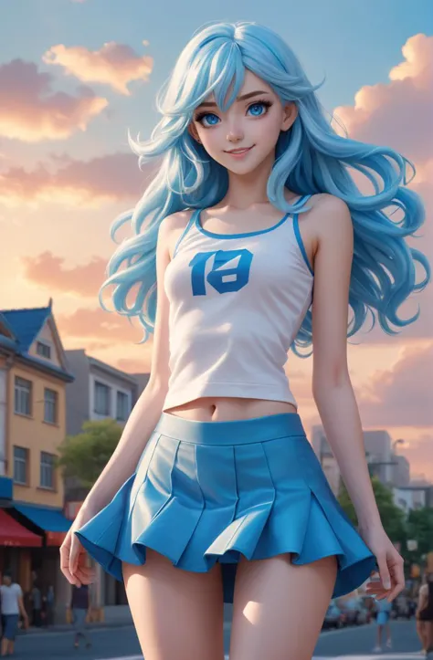 my beautiful girlfriend  with long flowing bright blue hair, a very beautiful young anime cute girl, full body, long wavy blond hair, sky blue eyes, full round face, short smile, fancy top, miniskirt, front view, medium shot, mid-shot, highly detailed, cin...