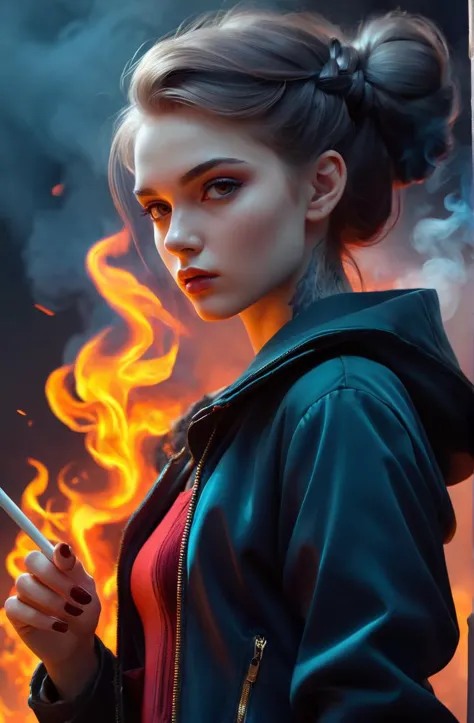 21 years old sightly (Herzegovina young woman), vibrant, epic background, sexy outfit, semirealistic,  smoke, fire, smoky, highly detailed, very detailed, extremely detailed, digital painting, artstation, concept art, smooth, sharp focus, illustration, int...