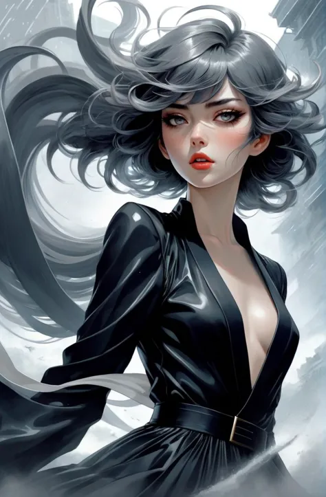 mujer joven elegante de 20 años ventosa, tormenta, escena intensa, por Masamune Shirow y Victo Ngai y Nick Knight, Ojos chispeantes, rubor, pelo gris oscuro, neblina, niebla, sombrío, intense eyes,