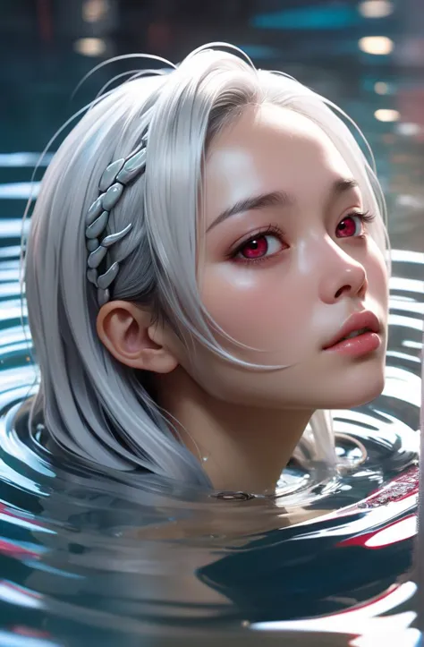 a 18 years old Guamanian splashy young woman in a serene scene, pure innocence, calm, relaxation, vibrant, colorful, serenity semirealistic, sparkling eyes, daydreaming, sexy, silver hair, deep ruby eyes, by H. R. Giger,  ilya kuvshinov, Ross Tran, WLOP, S...