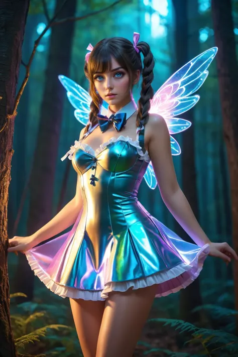 a woman in a fairy costume posing in a forest