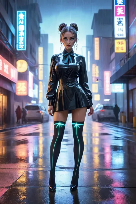 a woman in a black leather dress and neon stockings standing on a city street