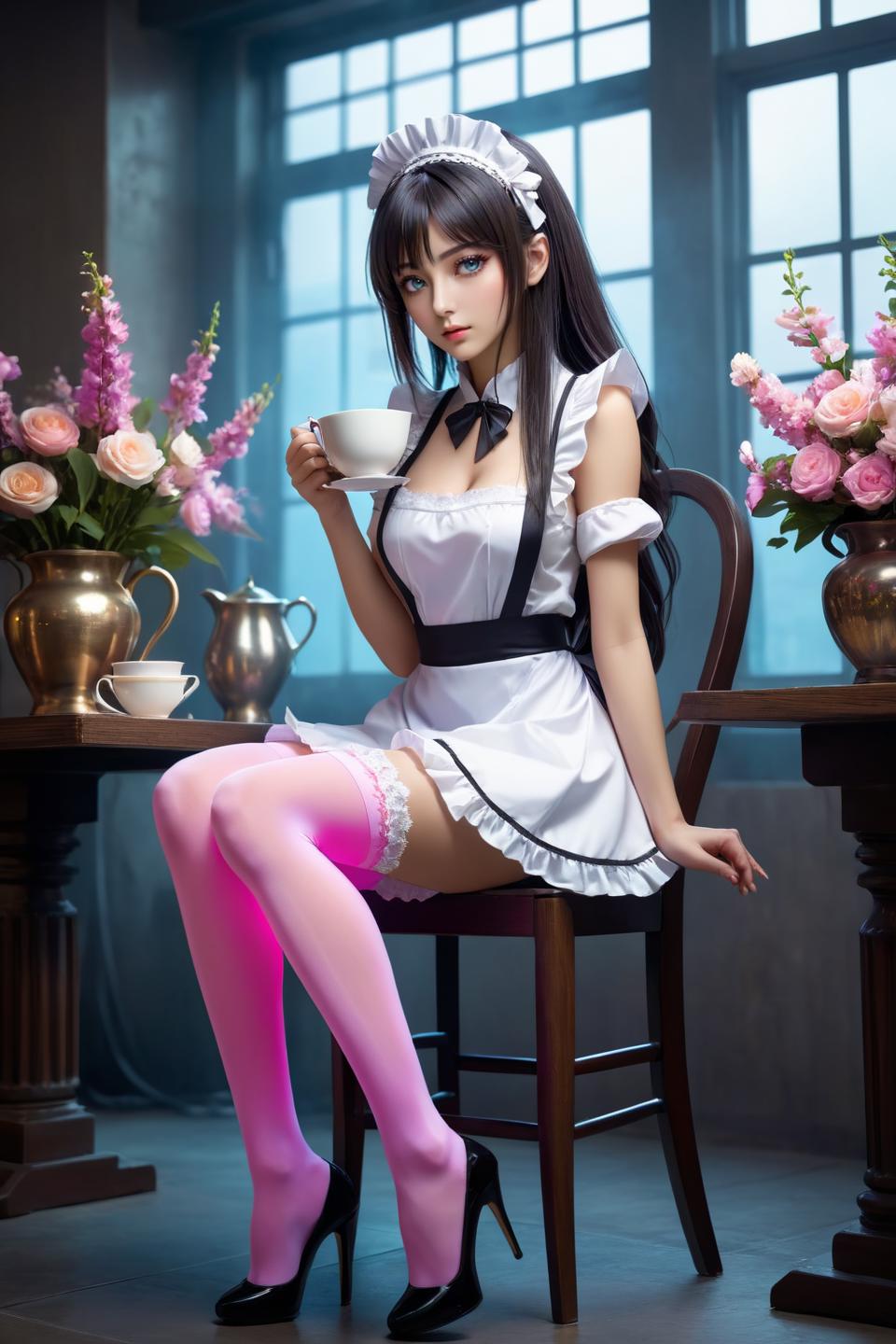 A woman in a maid outfit sitting on a chair with a cup of coffee - SeaArt AI