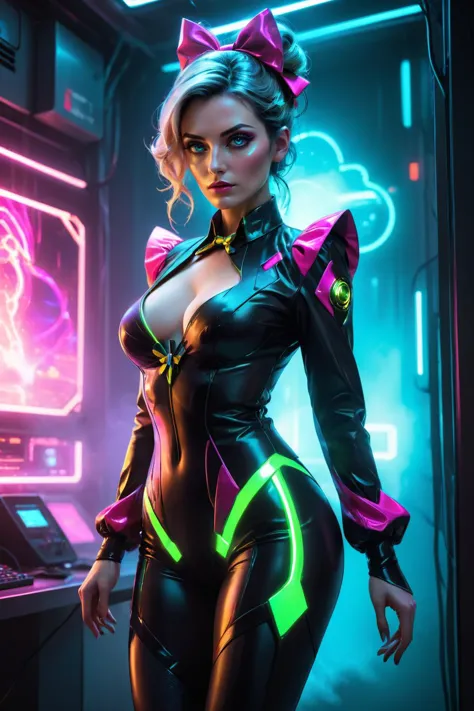 cyberpunk style, (haze, fog, mist:1.3), (neon_glowing_legwear:1.3), (chiaroscuro:1.3), (dynamic angle:1.3),(dynamic scene:1.3),(action packed:1.3), solo, (particles_and_sparks_in_air:1.3), <lora:DDR_Fashion:0.1>, AnalogRedmAF <lora:AnalogRedmondV2-Analog-A...