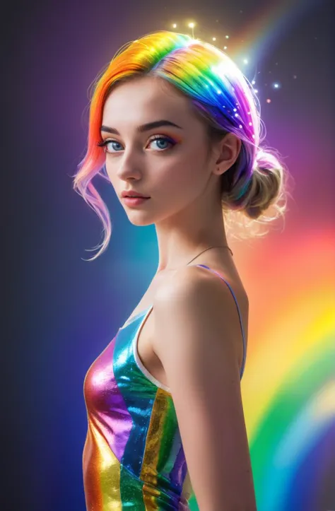 good aligned young woman, vivid, colorful, atmospheric, sexy, rainbow, semirealistic, sparkling eyes, full body, [Luxembourger],...