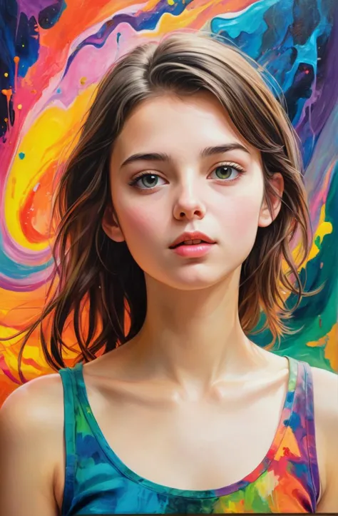 a wonderment scene, semirealistic, abstract, colorful, vivid, 20 years old young woman,