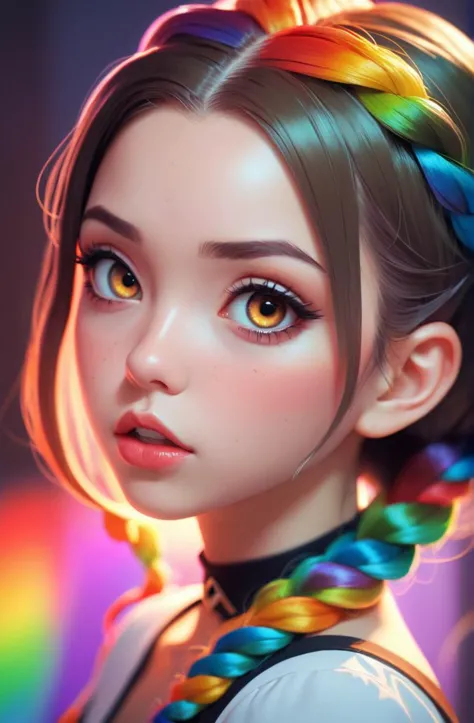 sexy scene of a beautiful young woman, soft lips, cute eyes,  rainbow braided hairstyle, the cutest ever, cute expression, dracula costume, day, olive skin, sparkling brown eyes, blush, high angle, small breasts, semirealistic, (colorful, cute, vivid), cute, cinematic, hyperrealistic, face by ilya kuvshinov, artgerm, lya kuvshinov, artstation