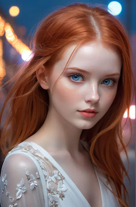 telegenic 20 years old young woman, by Posuka Demizu and Peter Wileman, sparkling eyes, blush, redhead,