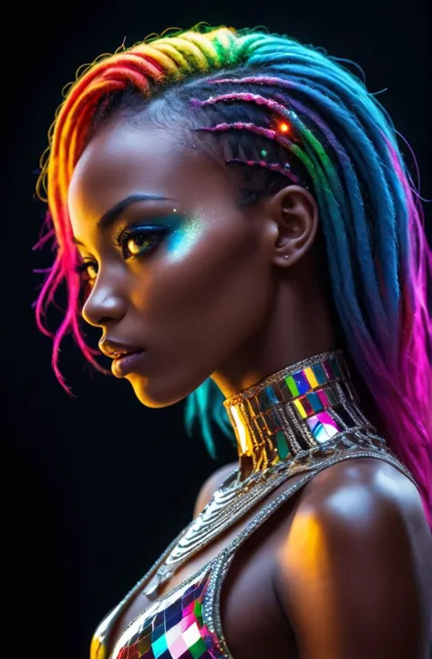 a woman with colorful hair and bright makeup