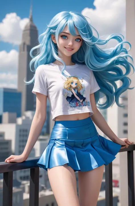 my beautiful girlfriend  with long flowing bright blue hair, a very beautiful young anime cute girl, full body, long wavy blond ...