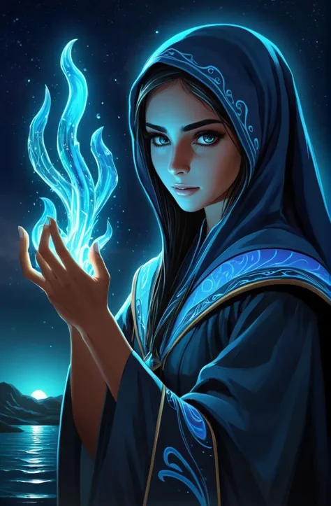 epic scene, bioluminescence, night, Sorcerer, 19 years old Kuwaiti young woman, sharp, detailed,