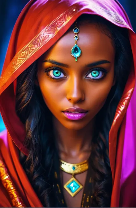 evil young woman, vivid, colorful, atmospheric, sexy, semirealistic, sparkling eyes, upper body, [Somali], pov,