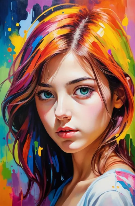a sight scene, semirealistic, abstract, colorful, vivid, 20 years old young woman,