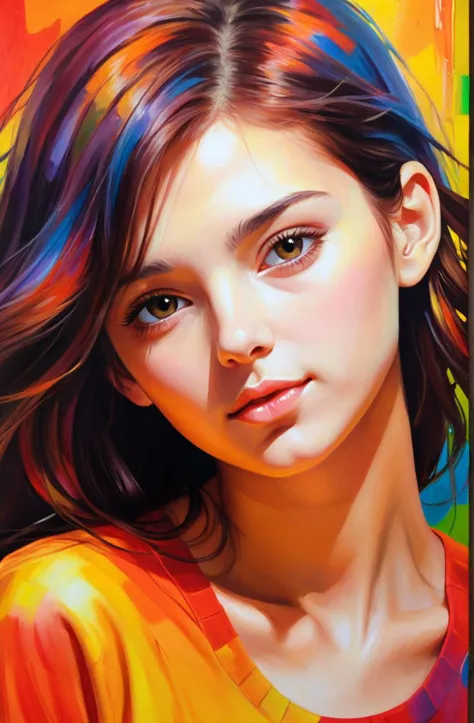 a warmth scene, semirealistic, abstract, colorful, vivid, 20 years old young woman,