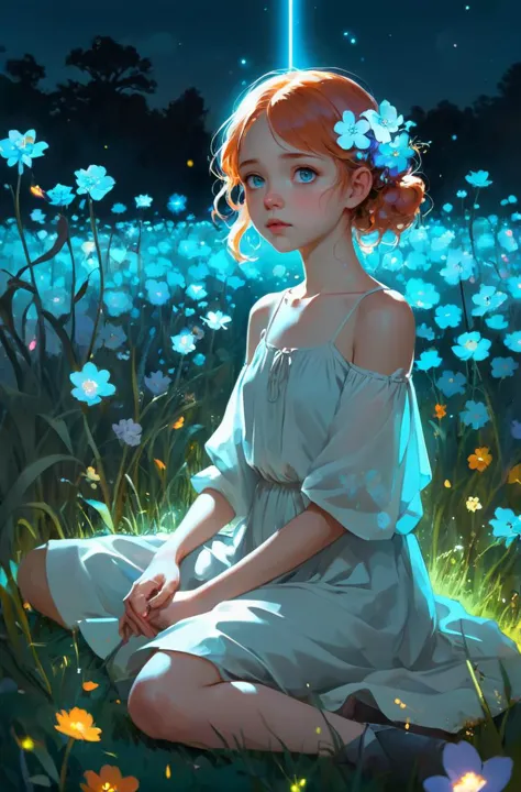 a girl sitting in a field of flowers with a star above her head