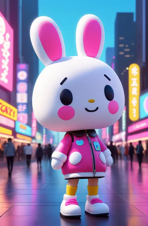 futuristic scene,  21 years old young lovely woman, semirealistic, atmospheric, kawaii,  Cooky, bt21, Sanrio inspired, iconic, brush strokes, octane render