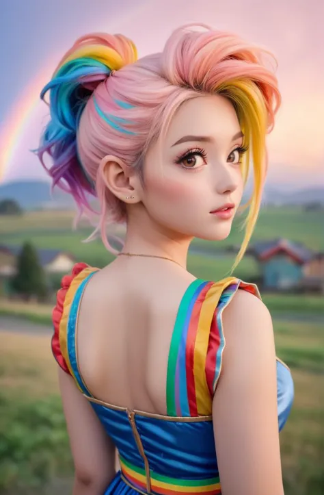 a woman with colorful hair and a rainbow colored dress